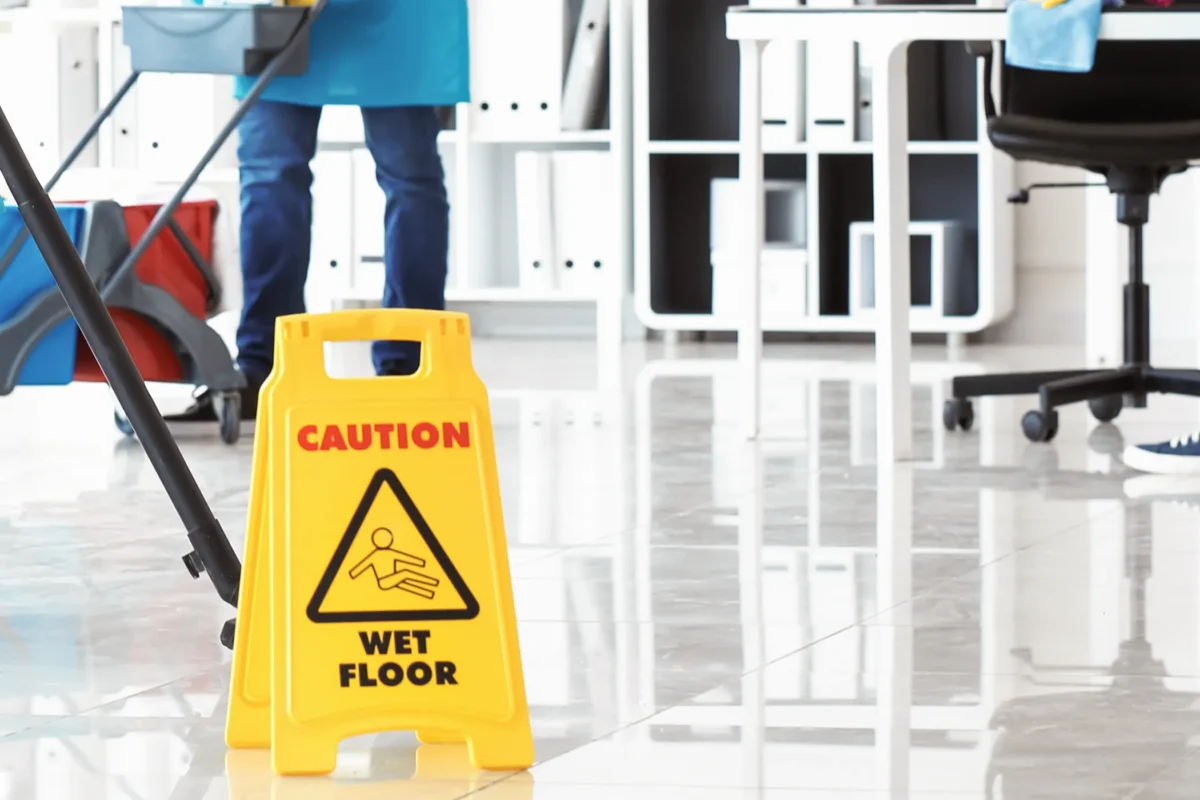 Warnschild auf nassem Boden – Sicherheitsmaßnahmen bei der Reinigung