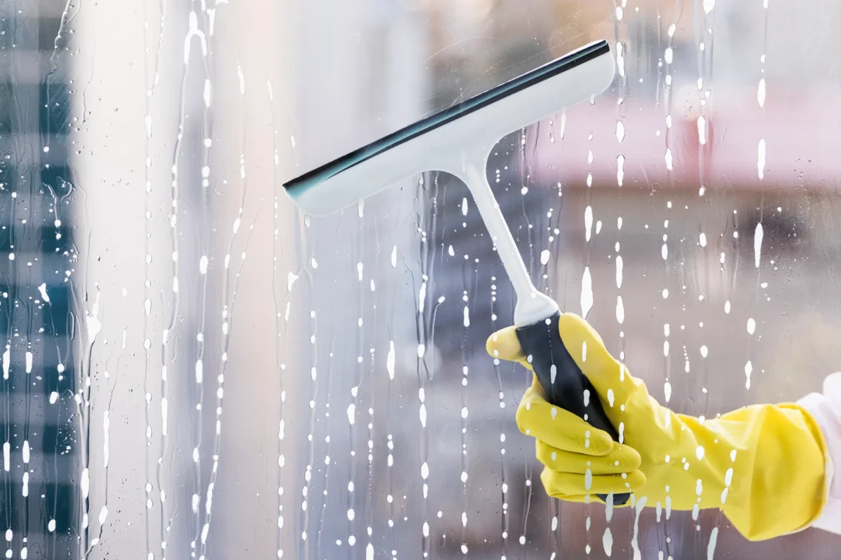 Glas- und Fensterreinigung – Hand zieht mit einer Fensterabzieher Wasser von einer Glasscheibe