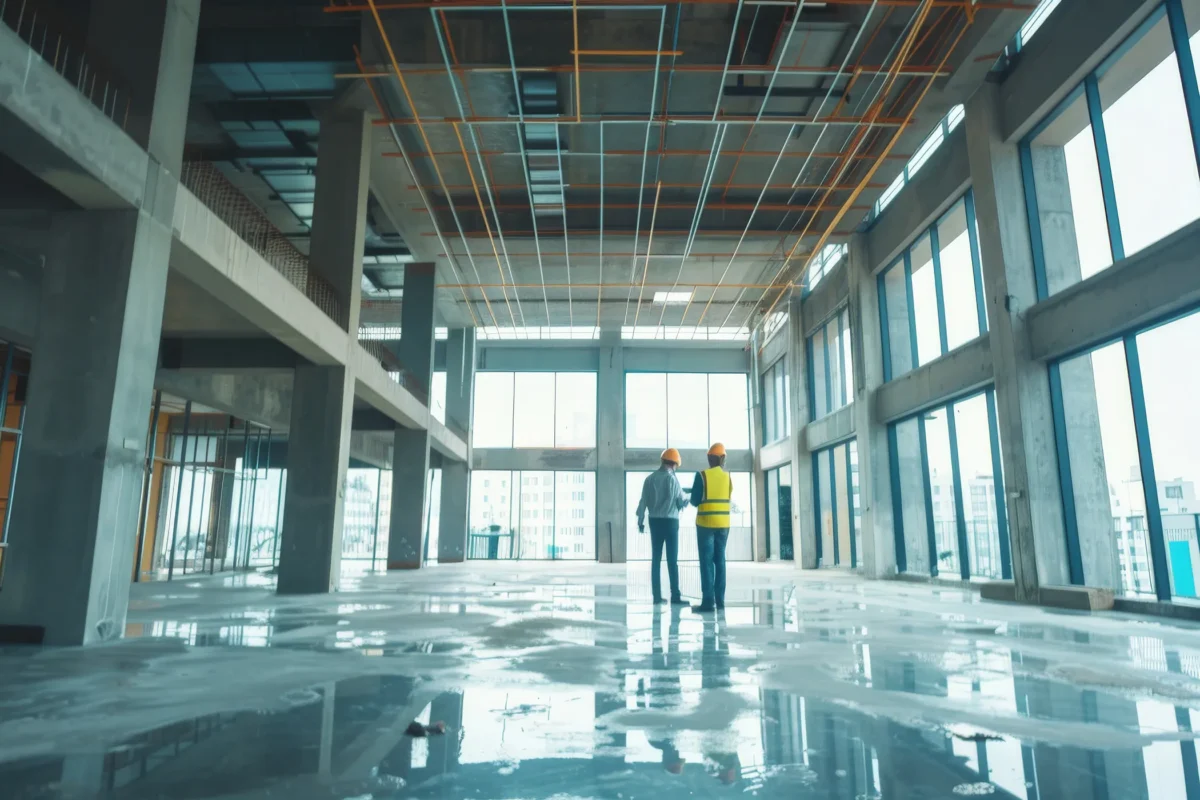 Großer Innenraum mit nassem Boden in einem Neubau