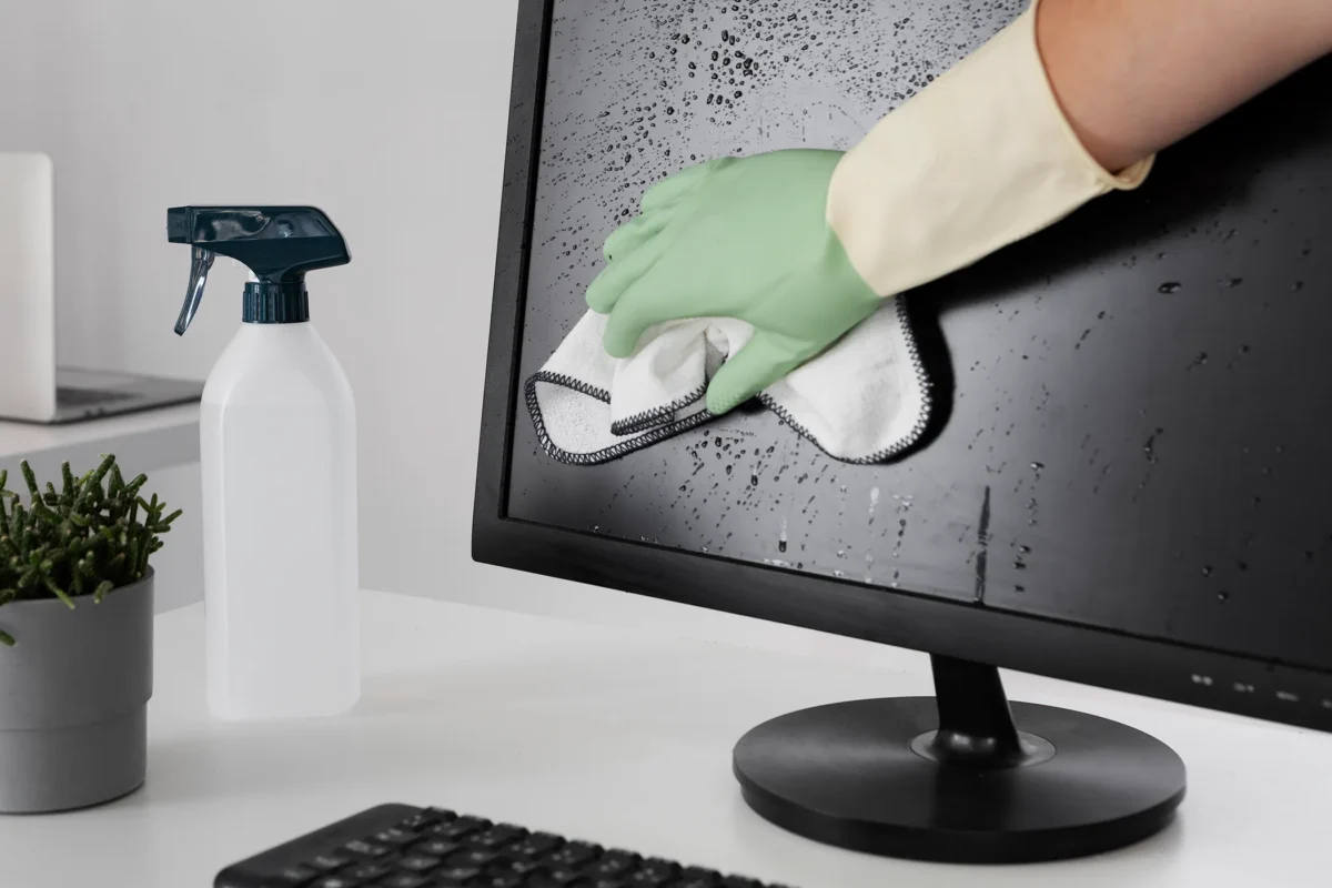 Unterhaltsreinigung – Hand reinigt einen Computerbildschirm mit einem Tuch